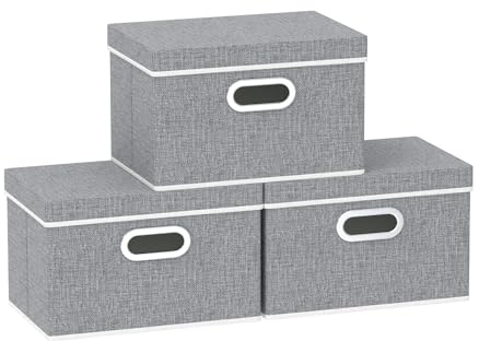 Yawinhe 3 Stück Aufbewahrungsbox mit Stoffdeckel,32x23x20cm,Grau | Aufbewahren Boxen mit Deckel Stoff;Waschbare Faltbare Stoffboxen;Kisten Aufbewahrung mit Praktischen Metallgriff