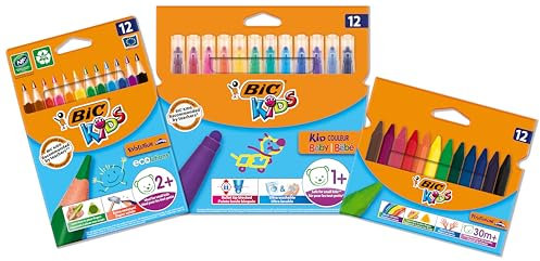 BIC Kids Stifte à 36: Buntstifte Evolution ECOlutions, Filzstifte Kid Couleur Baby und Wachsmalkreide Plastidecor Triangle