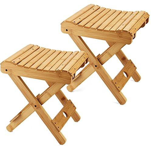 MOUYAT 2 Pack 12 Inch Bamboo Folding Stool, Foldable Foot Step Stool, Natural Bamboo Shower Bench Seat Toilet Stool for Bathroom Showers, Saunas, Fishing, 11 x 11 x 12.6 Inch