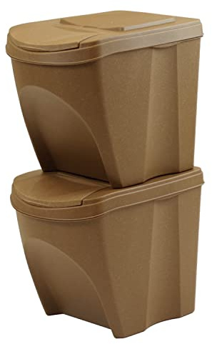 SortiBox - Juego de 2 cubos de basura apilables para reciclaje de plástico Eco con 33 % madera, 50 litros (2 x 25 L), color marrón natural, cubo de basura para interior de casa de cocina