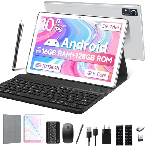 2025 Tablette Android 13 10 pouces, 5 G Wifi Android 13 avec 16 Go de RAM + 128 Go de ROM (1 To TF), tablette 2 en 1 avec clavier et souris Octa-Core 2,0 Ghz | 7000 mAh | 1080 FHD | Appareil photo 13