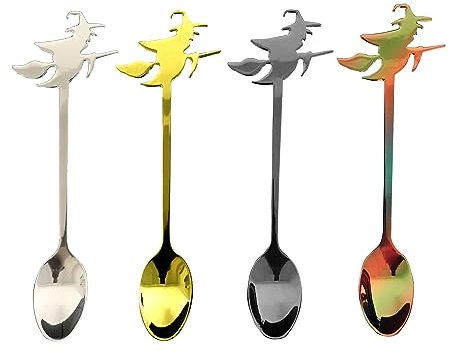 Winkee - Hexen Kaffeelöffel 4er Set - Stylische Löffel in Hexen Look | Witch Teelöffel multicolor | Esspressolöffel | Eierlöffel | Edelstahl | Geschenk an Weihnachten, Geburtstag, Valentinstag