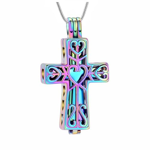 QGJNSGC Collier avec pendentif urne funéraire en forme de cœur et croix cylindrique avec bijoux creux pour cendres, Acier inoxydable