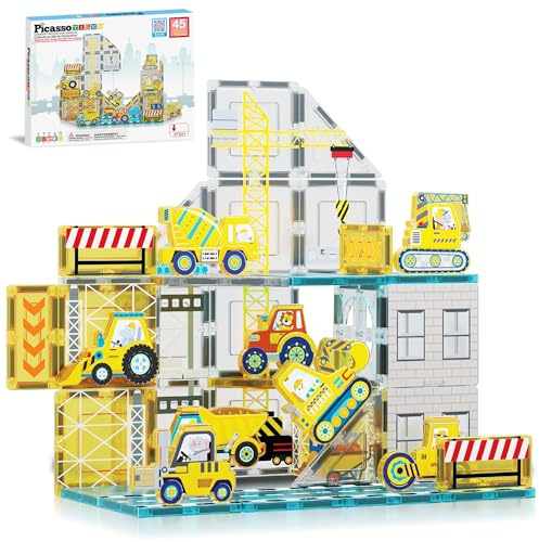 PicassoTiles Magnetiskt kakelbyggstensset med 8 byggfordon, vevvagn, grävmaskiner, bullsdozer, vägrulle, betongblandare, traktor, dumplare, gaffeltruckar, magnetleksak för barn från 3 år,