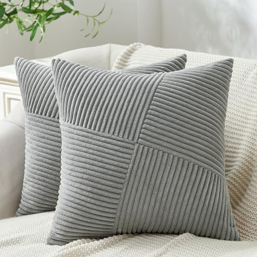 Topfinel Federe Cuscini Divano 45x45 Grigio in Velluto a Coste Fodera per Cuscino con Cerniera Invisibile Motivo A righe per Soggiorno Camera Balcone Esterno 2 Pezzi