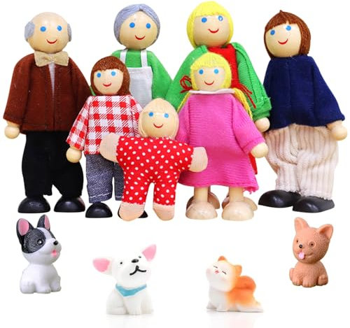 Puppenhaus Puppen, 11 Stück Puppenhaus Figuren Puppen Familie Set Holzpuppe Spielzeug mit Katze und Hund Puppenfamilien Figuren Biegepuppen für Puppenhaus Zubehör Geschenk