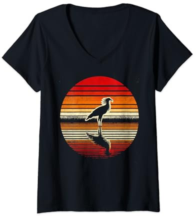 Damen Sekretär Vogel Sonnenuntergang Retro Stil Safari Vintage 70er Jahre T-Shirt mit V-Ausschnitt