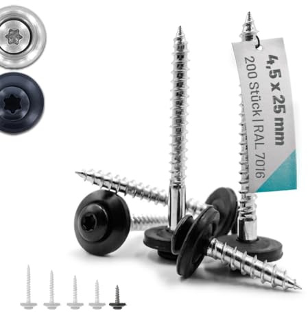 VOOXA 200St Spenglerschrauben Edelstahl A2 4,5x25mm RAL7016 Anthrazit | TX20 Linsenkopfschrauben mit 15mm EPDM-Dichtscheibe | für Holz/Metall/Kunststoff | Fensterbankschrauben