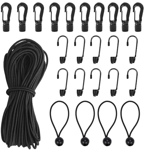 Tyafzzn Gummiseil Gummiseil 5mm 15m Schwarz, Elastisches Gummikordel mit 10 Spiralhaken, 10 Kunststoffhaken, 4 Kugel, Elastisches Expanderseil, Planenspanner Seil Spannseil mit Kugel Zubehör