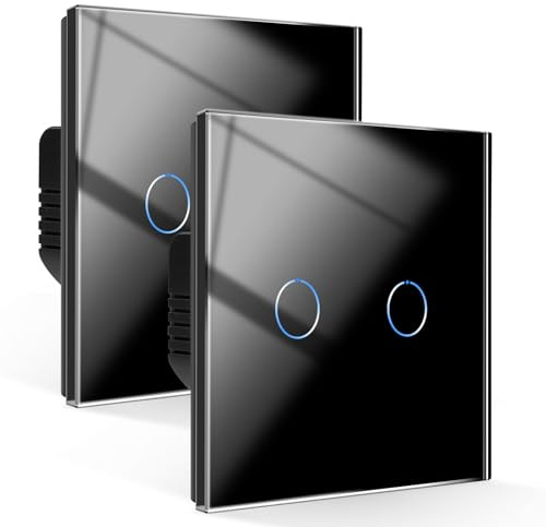 CNBINGO Touch Light Switch 2 Gang 2 Way, Tempered Glass Panel Light Switches with LED Indicator, No Neutral Wire, 2 Pack, Black