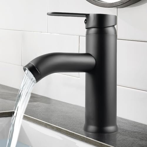Miscelatore Rubinetto Bagno Lavabo Alto in Acciaio Inox Nero Monocomando, Con Due Flessibili per Acqua Fredda e Calda