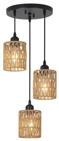 WLBHWL Suspension en Rotin Lampe Suspendue en Bambou 3 Lumières Luminaire Suspendu Boho Panier Tissé Abat-Jour en Osier Lustre en Rotin pour Salon Salle À Manger Cuisine