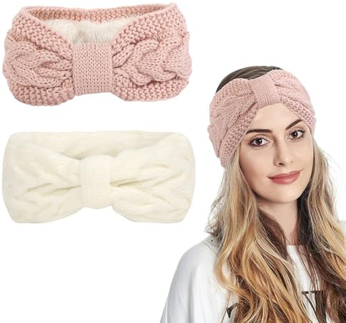 2 Stück Stirnband Damen Winter, Stirnbänder Strick, Haarband Ohrenwärmer Elastische Kopfband Gestrickte Headband Frauen Haarreifen Strick Headwrap für Sport, Einkaufen, Laufen
