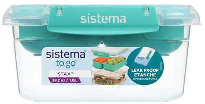 Sistema Stax To Go - Contenitore per alimenti quadrato, 1,15 l, ermetico, a tenuta stagna, stile bento box con doppio vassoio, realizzato con materiale per uso alimentare, blu o verde acqua (colore