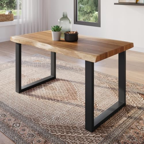 trelevo Esszimmertisch 140x80 cm, Akazienholz massiv, Tischplatte naturfarben, echte Baumkante, U-Gestell schwarz, Baumkantentisch