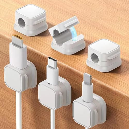 6pcs Cable Holder Clips for Desk, Magnetic Cable Management Clips, Phone Charging Cable Keeper Wire Charger Holder for Home Office Kitchen Wall, Self Adhesive(White)