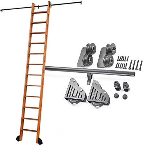 Rollleiter-Hardware-Bibliothek, Schiebeleiter-Hardware-Kit mit Bodenrollen (ohne Leiter), 100–600 cm, schwarzes Rundrohr aus Stahl, Mobile Leiterschiene für Zuhause/drinnen/auf dem Dachboden