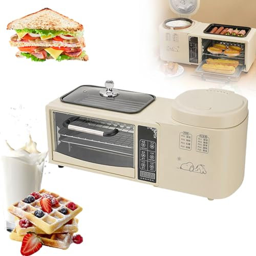 Máquina para Hacer Desayuno, Estación De Desayuno 4 En 1, Horno De 2 Capas De 8 litros Más Vaporera Eléctrica De 1 Litro Más Sartén Eléctrica, Control De Temperatura Independiente Y Pantalla Táctil