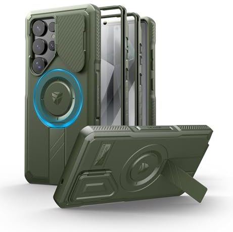 Dexnor Magnétique Coque pour Samsung Galaxy S25 Ultra avec Couverture de Caméra & Support Réglable & Film de Protection d'écran intégré, Robuste et Résistant Boîtier Pare Aux ChocsVert Militaire