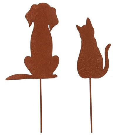 QishGO Metallo Animale Yard Decors Garden Art Animali arrugginiti per decorazioni esterne Accessorio decorativo per esterni Palo decorativo per esterni. gatto 1 cane