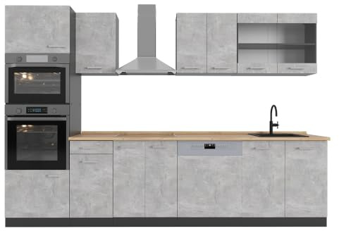 Vicco Küchenzeile R-Line, Beton, 300 cm mit Hochschrank, ohne Arbeitsplatte, zur individuellen Kombination und Erweiterung geeignet