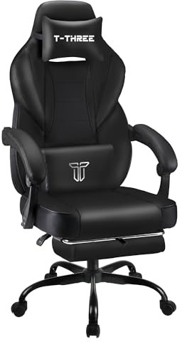 T-THREE.High-back ergonomic computer chair, gaming seat, office and study swivel chair, racing-style with adjustable lumbar and headrest support, 150kg capacity, includes footrest.(Black)