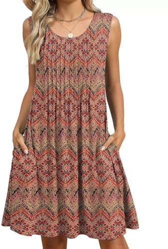 PICKLION Robe Ete Femme Mi Longue Robes Plage Boheme Robe Chic Floral sans Manche Robes avec Poches S-2XL FloralRouge 2XL