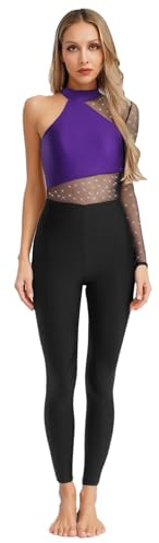 iiniim Damen Turnanzug Ganzkörper Gymnastikanzug Strass Glitzer Ballettanzug Ein-Schulter Langarm Eiskunstlauf Body Overall Jumpsuit Wettbewerb Tanzkostüm Lila L