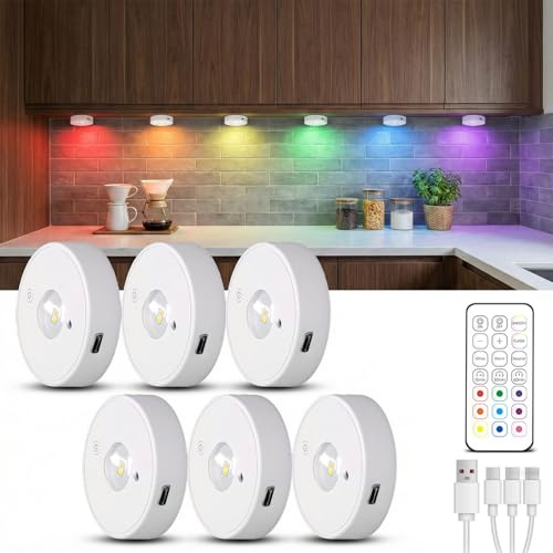 Tomshine 6er Set LED Schrankbeleuchtung, USB-aufladbare Kabellose Vitrinenbeleuchtung, mit Fernbedienung RGB Farbwechsel, Dimmbare LED Spots mit Timer, Magnetische Runde Indirekte Beleuchtung