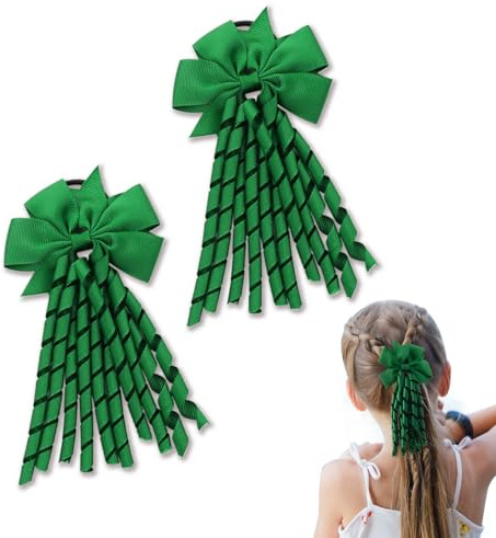 Dalababa 2 Pcs Hair Bow Spiral Streamers, Kids Hair Bobbles Ties Bands, Curly Ribbons Ponytail Holder Accessories for Girls Toddler School Uniform Birthday Gift - Green
