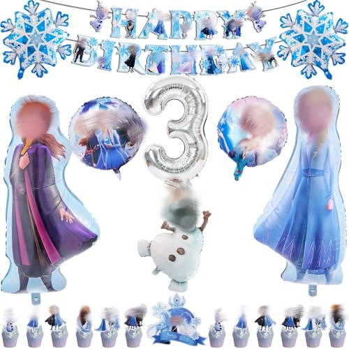 FB Balloon3 22PCS Frozen 3th Party Birth day Decorations Happy Birthday Balloons, Birth day Banner, Cake Decorations 3th Elsa Birthday Decoration for Girls, Princess Girls Party