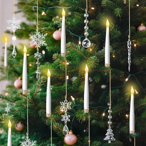 Lanpn Candele LED per Albero di Natale 12 Pz, Candela Natalizie Senza Fiamma A Batteria con Telecomando Timer, Candele Coniche con Decorazioni Cristallo Natalizi per Alberi Festa Casa, Bianco