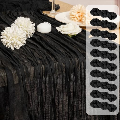 Showgeous 10 Stück Käsetuch Tischläufer Schwarz 300cm, Rustikaler Gaze Käsetuch Tischläufer Schwarz, Romantisch Boho Hochzeit Tisch Dekoration für Hochzeit Brautdusche Geburtstag Party(55x300cm)