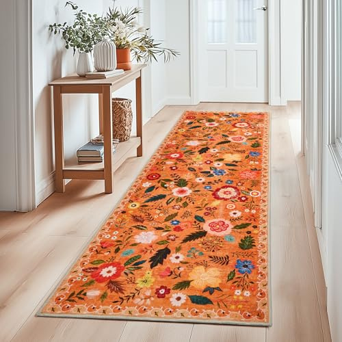 Flur Teppich Kurzflor Läufer, Blumenmuster 6mm Ultradünn, 80x150cm, Orange | Waschbarer Vintage, Wohnzimmerteppich Niedriger Flor Weich für Bettvorleger Matte/Deko/Schlafzimmer/Kinderzimmer