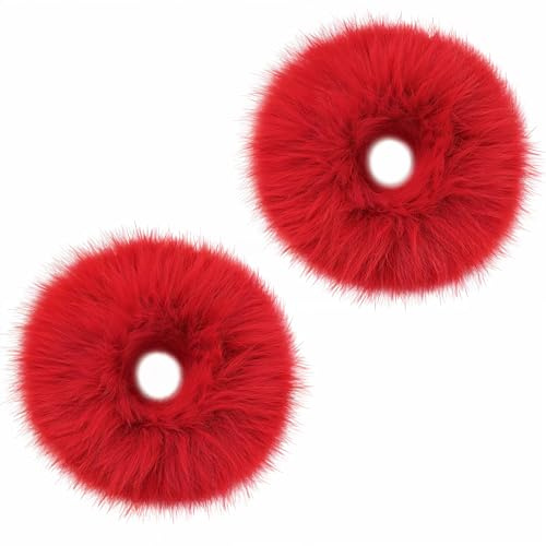 2 Pezzi Corda per Capelli Rosso Pompon Fascia Peluche Scrunchie Finto Coniglio Capelli Bolla Elastico Bambino Fascia Coda di Cavallo Ragazze Accessori