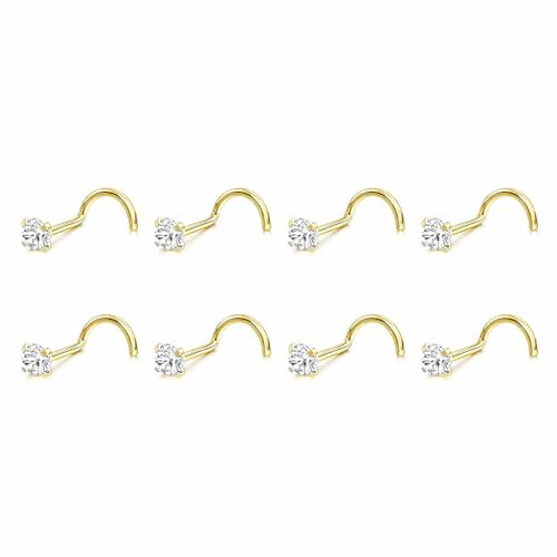 wdsilkbo 8PCS Gold Nose Studs for Women Men, 316L Surgical Stainless Steel Corkscrew Nose Rings, Hypoallergenic CZ Nose Piercing Jewelry, 20G Spiral Nose Stud Gold Set