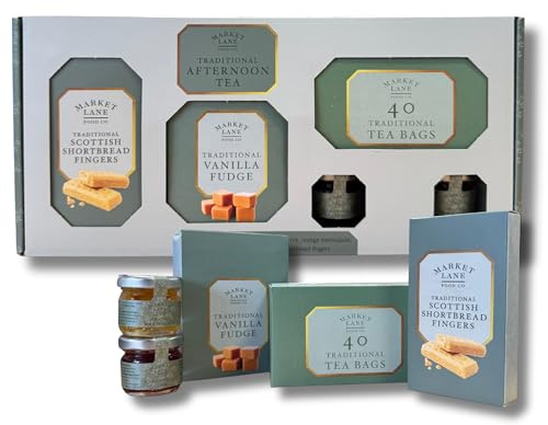 Traditional Afternoon Tea Hamper by Market Lane - Tea Set Containing Quality Tea, Strawberry Jam, Orange Marmalade, Vanilla Fudge & Highland Shortbread Fingers - Ideal Christmas or Birthday Present