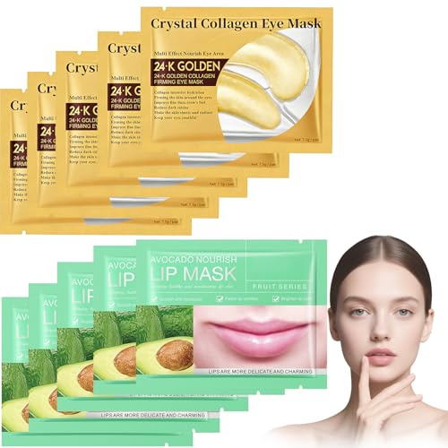 Virecose 10 Pezzi Collagene Maschera Occhi e 5 Pezzi Avocado Maschera per le Labbra, Idratante Cuscinetti per Labbra, Patch Occhi Anti-Rughe e Anti-Occhiaie, Rimuovi Borse e Puffinesss