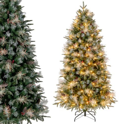 LIFEZEAL Albero di Natale artificiale con illuminazione a LED, 180 cm, albero di Natale decorato con pigne e neve, albero di Natale illuminato con supporto per decorazioni natalizie