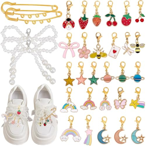 BEAMARKER 32 pièce 9 styles de Breloques pour Chaussures en Alliage Bijoux pour Baskets Perles Nœuds Émail Couleurs Vives Abeille Papillon Fleur Cerise Fermoirs à Suspendre Broches pour Chaussures Bas