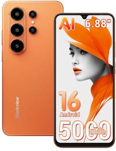 Blackview Wave 10C Android 16 Smartphone Pas Cher, 16Go + 32Go/2To, Telephone Portable Écran 6.88 HD+, 5000mAh, 32MP+13MP, Octa Core, 4G LTE Double SIM Débloqué, WiFi 5/OTG/FM/Empreinte/Coque, Orange