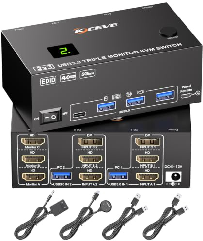 MLEEDA KVM Switch 3 Skärmar 2 Datorer 8K@60Hz 4K@144Hz EDID Simulering, HDMI KVM Switch 2 Datorer Delade 3 Bildskärmar och 4 USB 3.0 Portar, 12V Ström, Trådbunden Fjärrkontroll och 2*USB Kablar