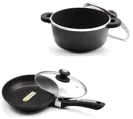 Schumann Professionnel - Lot de Poêle et Faitout 28cm - Compatibles Tous feux dont Induction - Fonte d'Aluminium Sans PFOA - Manches Amovibles et Poignées en Silicone - Couvercles Inclus
