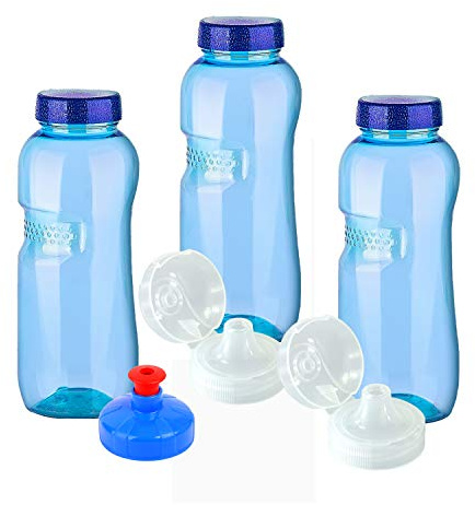 3 x Original Trinkflaschen aus TRITAN ohne Weichmacher Sparset 3 x 0,5 Liter (rund) + 3 Standartdeckel + 2 Sportdeckel (FlipTop) + 1 Trinkdeckel (Push PULL) BPA, BPS frei geruchsfrei geschmacksneutral
