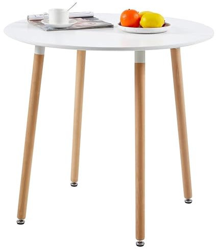 H.J WeDoo MDF Runder Esstisch Buchenholz Esszimmer Tisch Küchentisch Holztisch, 80 * 80 * 75 cm, 4 Beine Natur, Weiß