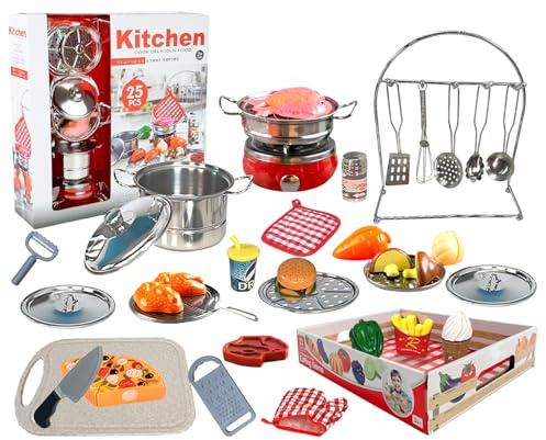 35 Pcs Kitchen Toys Set Pretend Play Accessories with Stainless Steel Cookware Pots and Pans Set, Educational Toys Fruit and Vegetables Cutting Set for Kids Girls Boys Toddlers