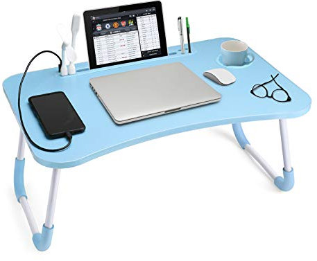 Slendor Lap Desk with Cup Holder, Foldable Laptop Table for Bed, Portable Bed Desk for Laptop and Writing, Computer Tray with Tablet Slot, Notebook Stand Reading Holder for Couch Sofa Floor,Blue