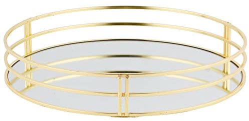 Biznest New Gold Decorative 30cm Mirror Glass Crystal Vintage Round Metal Drinks Tray Serving