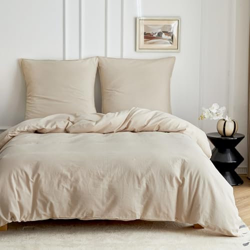 Simple&Opulence Halbleinen Bettwäsche 135x200, Atmungsaktiver Bettbezug Set aus Baumwolle und Leinen mit 80x80 cm Kissenbezug,Oeko-TEX Sommerbettwäsche 2tlg,Beige