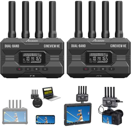 Accsoon CineView HE Wireless HDMI Video Transmitter & Receiver, 2.4G+5G Dual-Band 1200ft/350m Range, 0.06s Low Latency, up to 4 Monitor Devices, UVC Output, for Live Streaming, Camera, Filmmaking